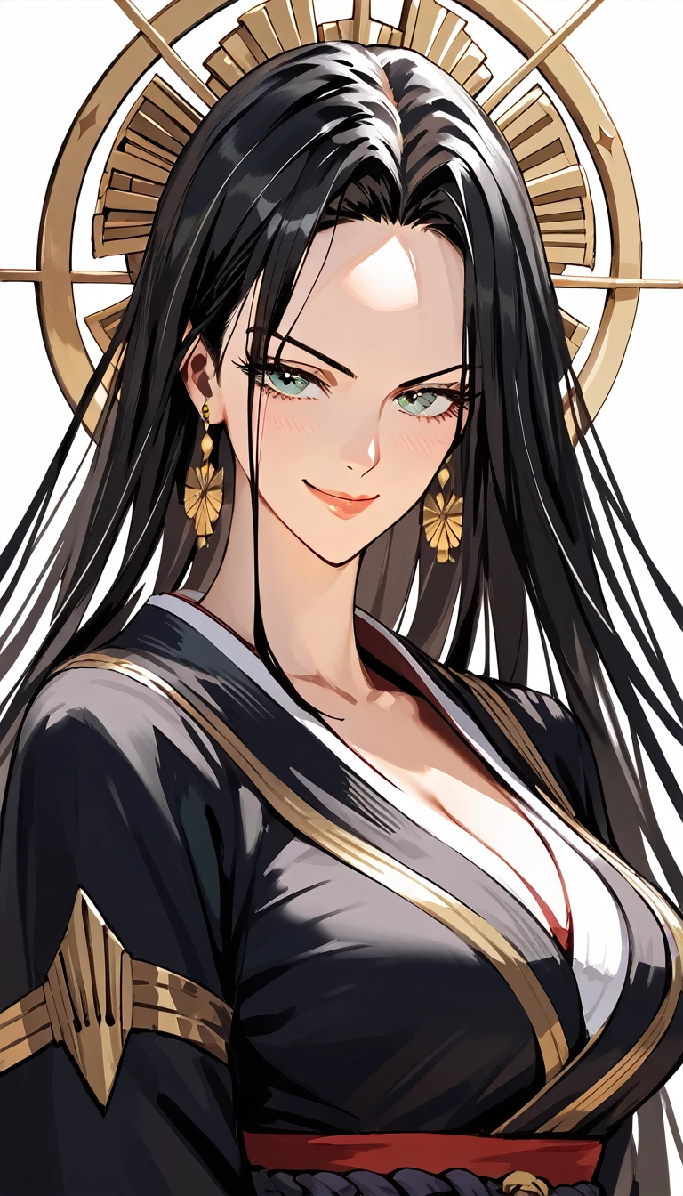 (mature female:1.4), (masterpiece, best quality:1.2), (highres), selvaria, japanese clothes, black kimono, upper body, looking at viewer, smirk