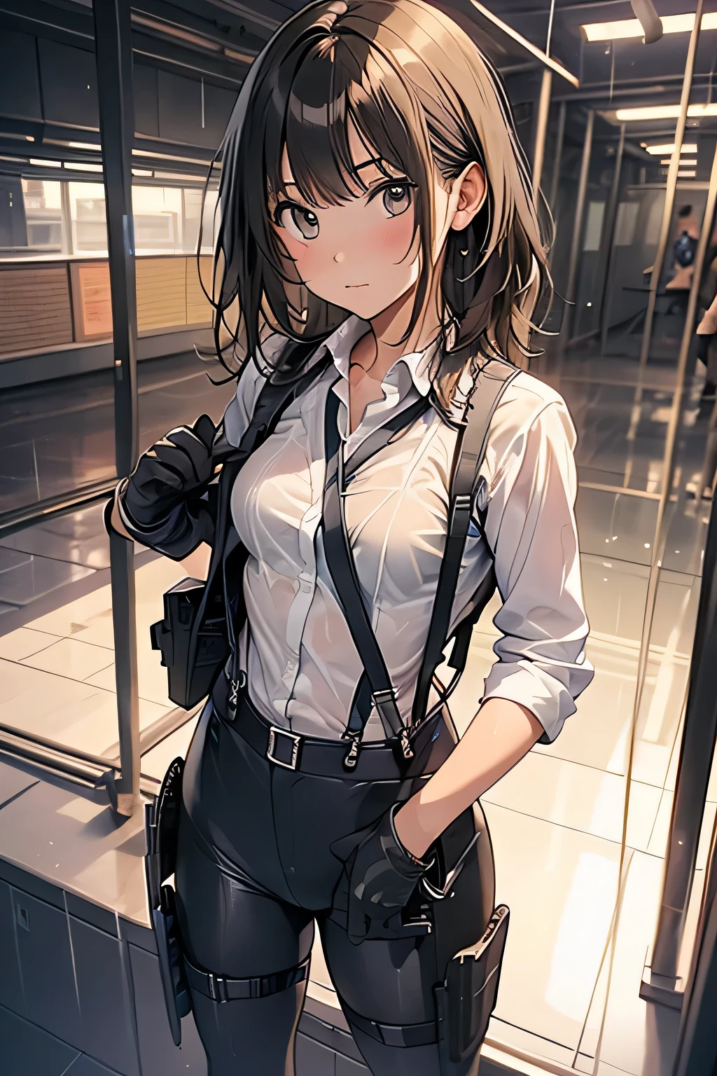 1 female, , high quality, masterpiece, Ultra-high resolution, , Cinema Lighting, , , And the suspenders with the cranes flying Large Small face holster Lying in bed Looking up Sweat belt summer 脇Sweat Black Hole Gloves suit shirt Black jacket Black trousers Leg Links ズボンにbelt holster Hands behind your back Anxious expression Looking up Anxious face, legs apart Armament Cable ties レッグholster holster See-through clothing heavy rain Getting wet in the rain