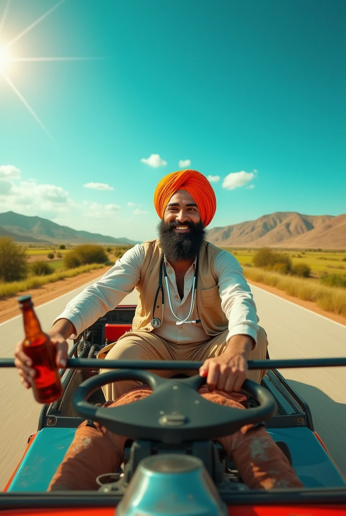 Sardaar boy driving a thar with one hand alcohol and one hand having stethoscope
