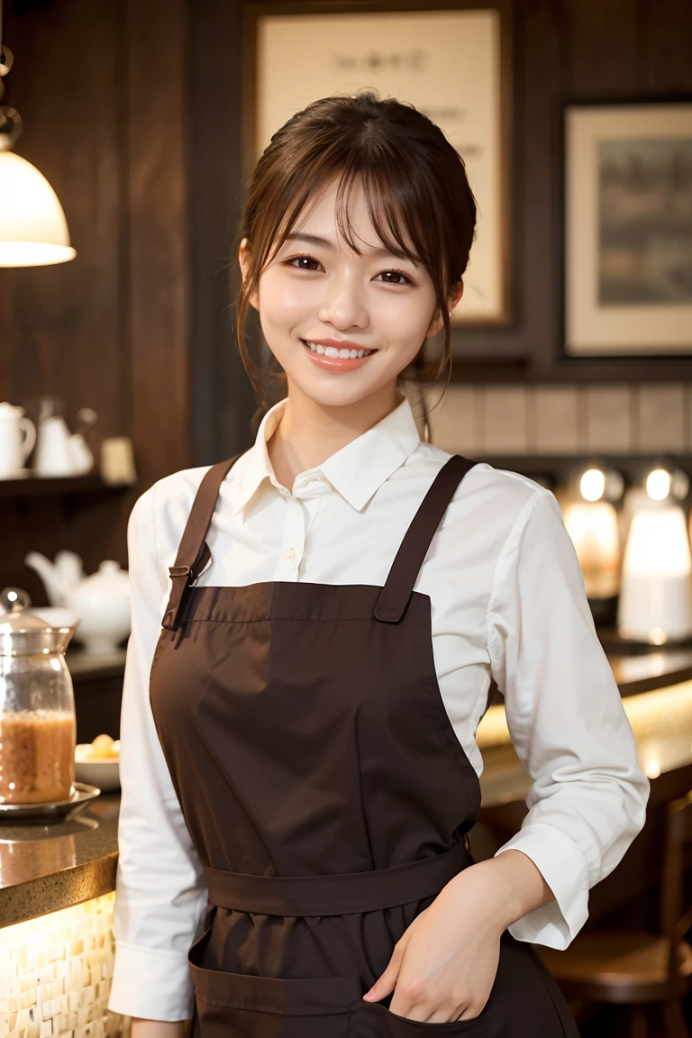 (Highest quality、Tabletop、8k、Best image quality、Award-winning works)、Woman working in a café、(The perfect brown apron:1.1)、(The perfect brown apron:1.1)、(wide々She is standing elegantly in a modest cafe..:1.3)、(A classy shirt and apron:1.1)、(Big Breasts:1.1)、(Accentuate your body lines:1.1)、Beautiful woman portrait、The most elegant and cozy cafe、The most natural cafe, Perfectly organized、The most atmospheric and warm lighting、Stylish and elegant cafe、Strongly blurred background、Look at me and smile、(Accurate anatomy:1.2)、Ultra high resolution perfect beautiful teeth、Ultra-high definition beauty face、Ultra HD Hair、Ultra HD The Shining Eyes、The Shining, Super high quality beautiful skin、Super high quality glossy lip