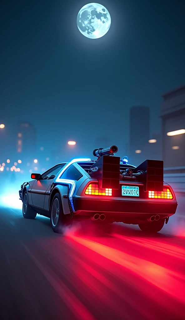 realistic Delorean\(back to the future\(movie\),((glowing blue)),\), at night, (beautiful (red fire:1.4) from the wheel track behind Delorean), ((shallow depth-of-field)), (bokeh), (lens flare), sharp focus,,((dynamic angle)),award winning photo, beautiful photo, very exciting racing photo,beautiful background