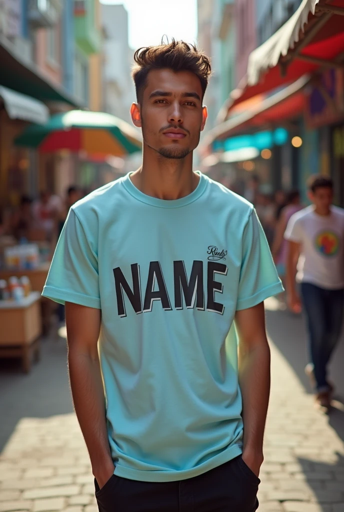 You can create an image of a t-shirt with the following phrase written on the left chest " NAME "
