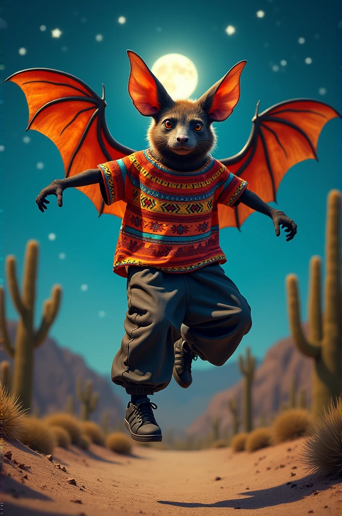 Bat wearing a Santa Fe shirt, baggy pants and black Adidas Superstar shoes 