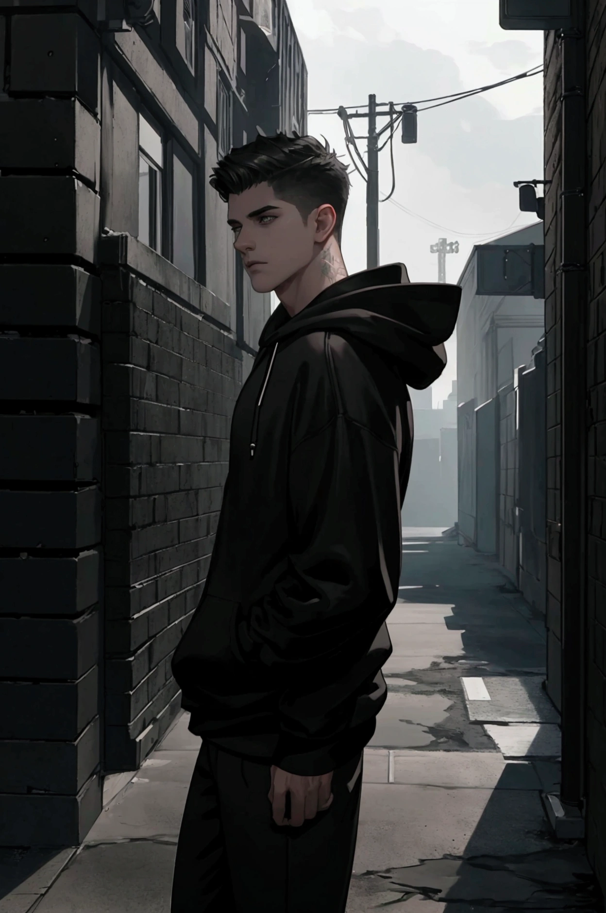 a handsome young man with short hair, wearing a black hoodie and loose pants, side profile view, hyper realistic, cinematic lighting, highly detailed, 8k, photorealistic, unreal engine, chiaroscuro lighting, dramatic shadows, moody atmosphere, urban environment, street fashion style, grunge aesthetic, gritty realism