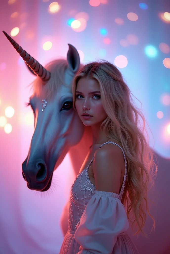 Portrait of a girl with a unicorn. Girl standing next to unicorn, girl is not smiling she has calm face. The girl's face is full-face looking at us. The girl has long blond wavy lush hair. The background is fabulous pink and blue tones. Flares. The mood is festive.