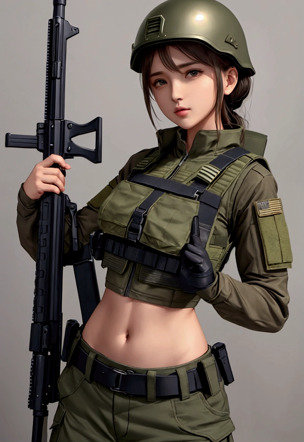 girl in crop top military bulletproof vest , military green cargo pants, belt, military helmet, tactical, (open navel), 