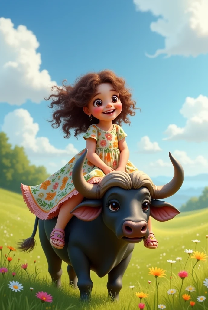 Creat a image of a fatty girl sitting on buffalo