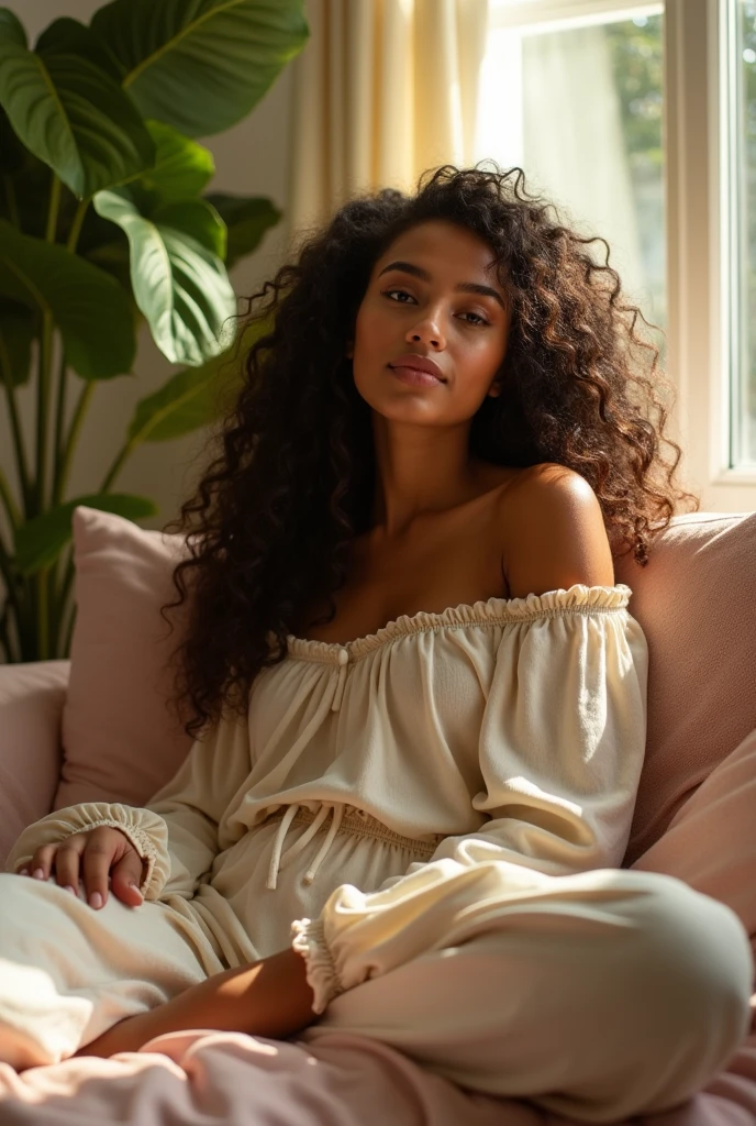 (photorealism:1.2), beautiful woman, sitting on bed, wearing loose off-shoulder top, pajama pants, long curly hair, indoors, soft lighting, plants in background, window with sunlight, cozy room, relaxed pose, realistic, intricate details, warm colors, by Greg Rutkowski, by Alphonse Mucha