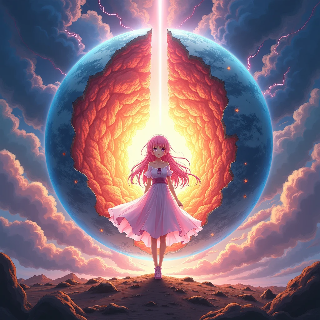 Earth split in two。I would like an anime-style illustration of a person with pink hair wearing a dress standing in front of the Earth.。