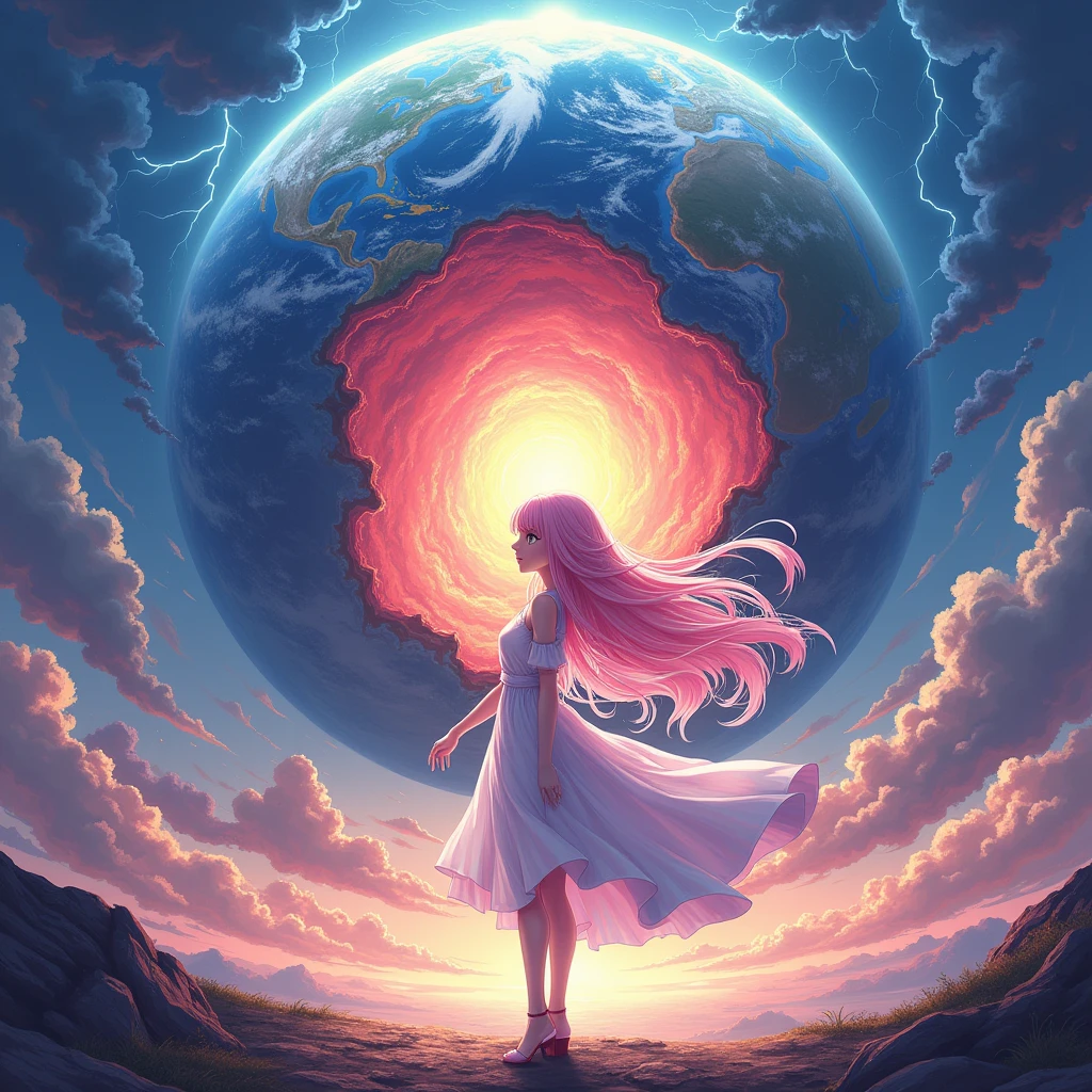 Earth split in two。I would like an anime-style illustration of a person with pink hair wearing a dress standing in front of the Earth.。