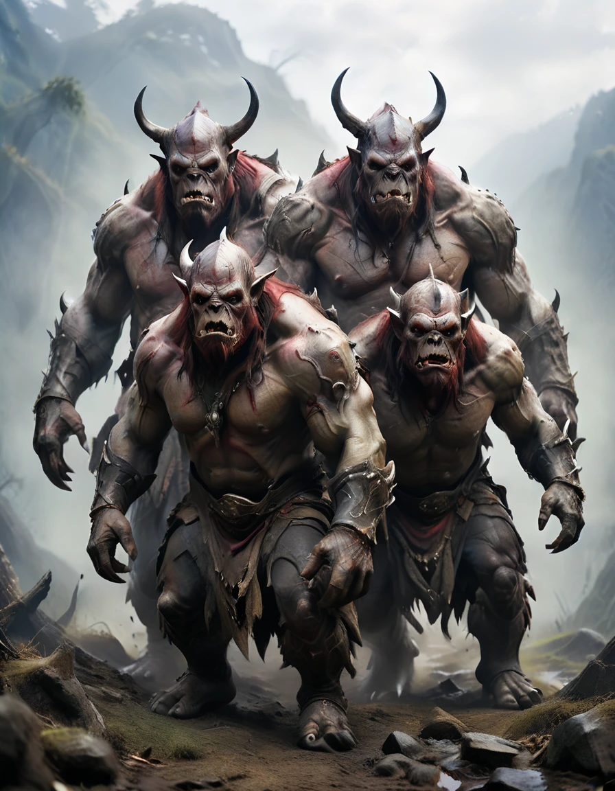 Picture a swarm of large, muscular ogres with thick, short conical horns at the top of their foreheads, red skin, tribal markings, and fierce expressions. They are walking toward us in the mist, mysterious and imposing. The central ogre is considerably larger than the others, suggesting that it is a leader and an important creature. These ogres wear skulls and waistcoats as ornaments, adding to the mysterious presence of the group. The image is of high quality, and each of the three ogres is well within the composition, even down to their toes, making it a suitable image for a scene in a film. Produce this image.