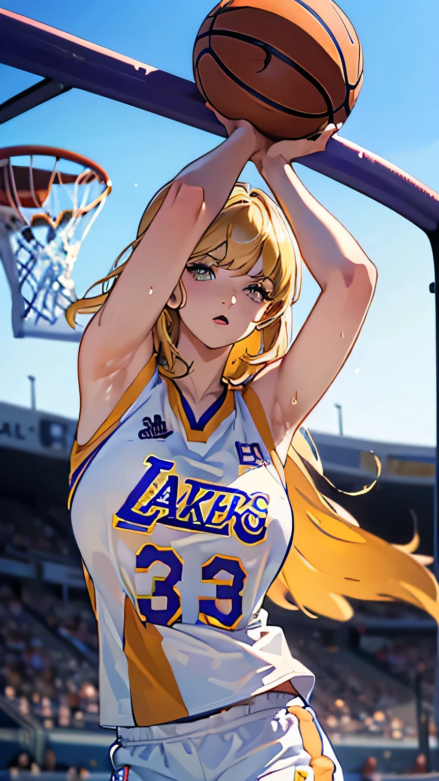 ((best quality)), ((masterpiece)), (detailed), perfect face, (best quality), (detailed skin:1.3), (intricate details), Female professional basketball player, NBA, ((dunk shot, bascketball)), under the goal, jumping, sweat pouring out, a scene during the game, Stussy, Lakers, , cowboy shot, blonde hair, medium hair