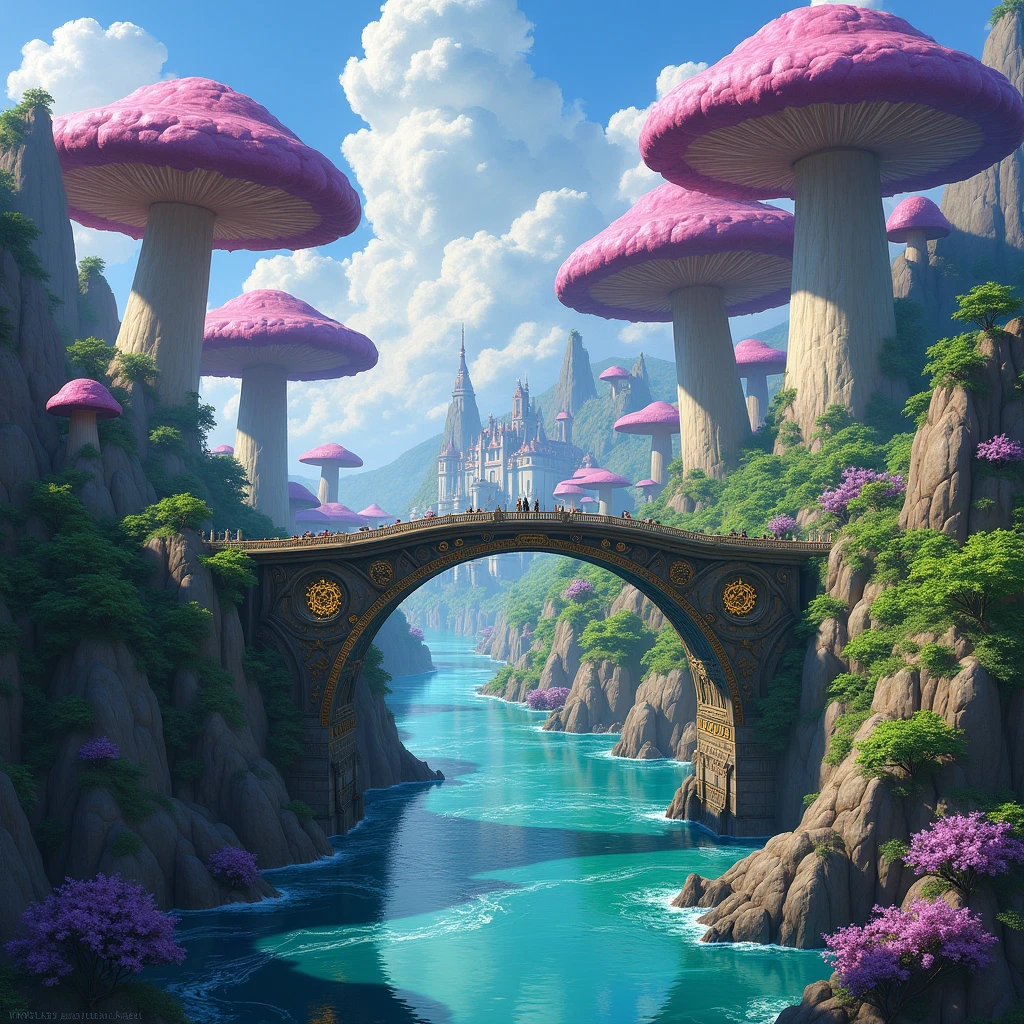 (masterpiece:1.2), extremely intricate details, ff14style, dynamic painting, depicting a bustling city with a majestic bridge spanning wide rivers, surrounded by towering giant mushrooms. The vast landscape bursts with vivid colors 