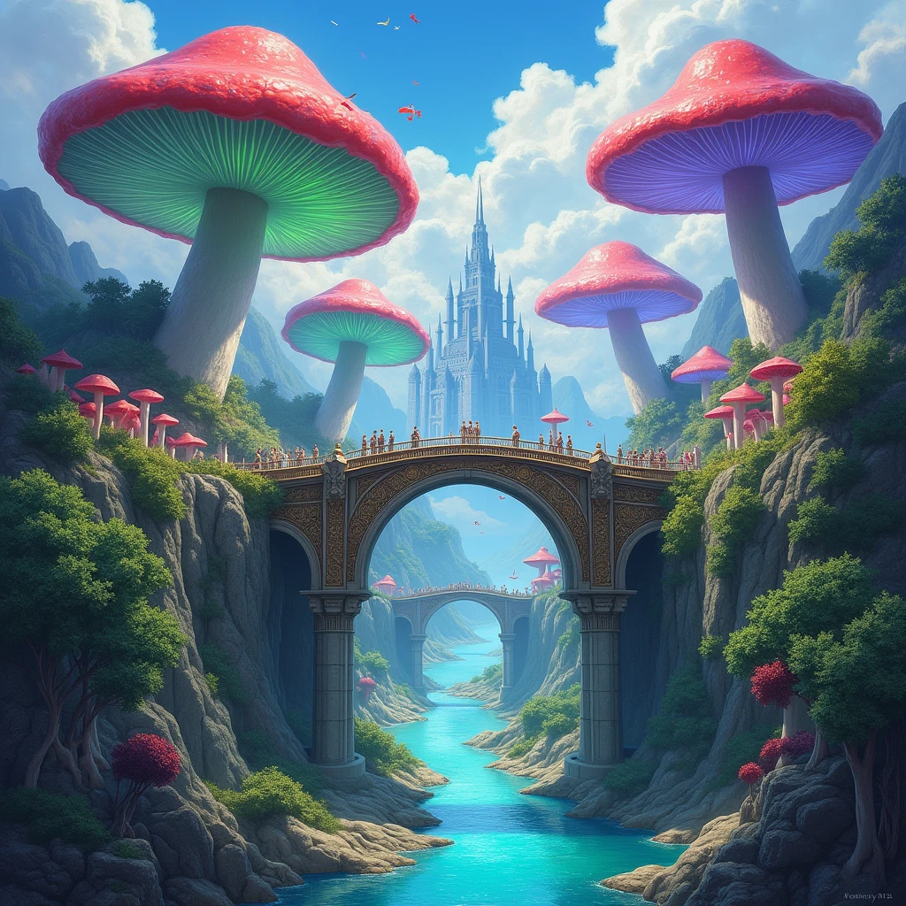 (masterpiece:1.2), extremely intricate details, ff14style, dynamic painting, depicting a bustling city with a majestic bridge spanning wide rivers, surrounded by towering giant mushrooms. The vast landscape bursts with vivid colors 