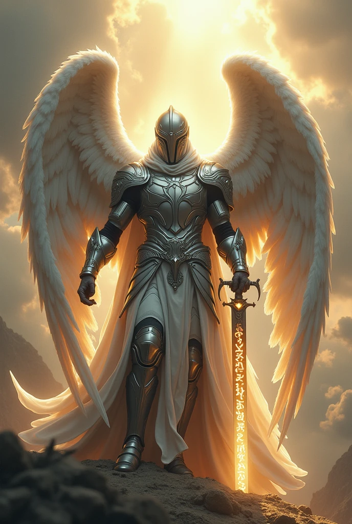 Male angel celestial warrior with armor and helmet that does not show the eyes, 4 wings and sword