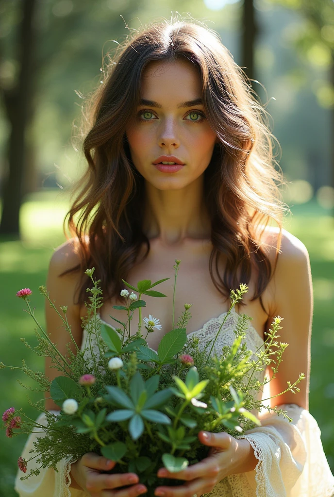Woman with wavy brown hair with green hair tips and snow-pale skin holding plants in her hands