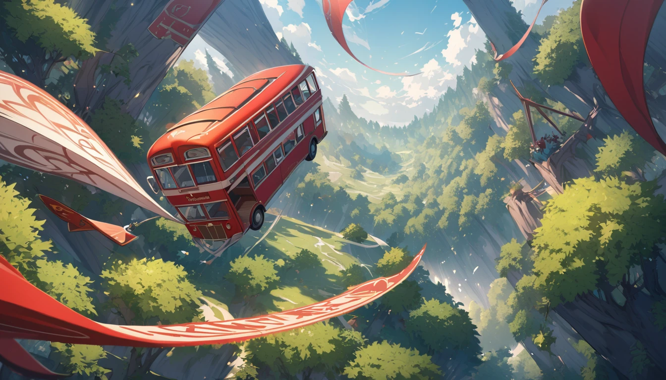 fantasy word, red bus flying in the sky, the beautiful forest below, beautful backround, top view, flying high in the sky