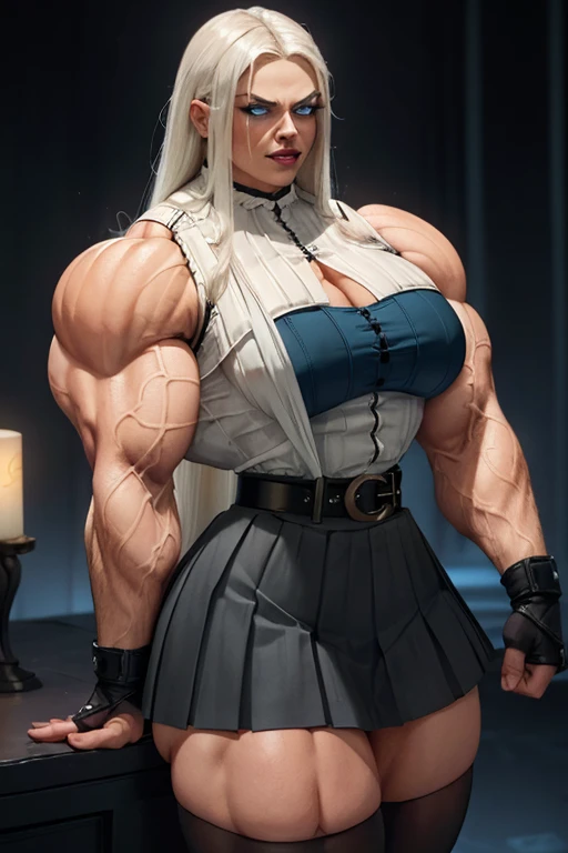 ((Close-up)), tall, (White hair) beautiful muscular woman, long straight hair, brown skinned, closed smile, (black lipstick), (massive muscles), (hyper muscle), ((ginormous bulky muscles)), ((glowing blue eyes)), (((sleeveless white pleated shirt))), (((black long pleated skirt with belt))), (fingerless gloves), necktie, thigh highs, in a dark rooftop, 