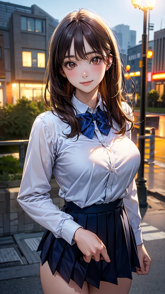 (masterpiece:1.2, Highest quality), (Realistic, photoRealistic:1.4), Beautiful illustrations, (Natural Side Lighting, Cinema Lighting),
View your viewers, Cowboy Shot, Front view, 1 person, Japanese, high school girl, Perfect Face, Cute and symmetrical face, Glowing Skin,
(Mid-length hair:1.2, Both sides up:1.2, Light brown hair), Golden Eyes, (Large Breasts:0.6, Captivating thighs),
Beautiful Hair, Beautiful Face, Beautiful attention to detail, Beautiful clavicle, Beautiful body, Beautiful breasts, Beautiful thighs,
((White collared shirt with long sleeves, Navy Pleated Skirt, Blue bow tie)), Hair Ribbon,
(Beautiful views), evening, River side, walk, (Cute smile, Upward glance),