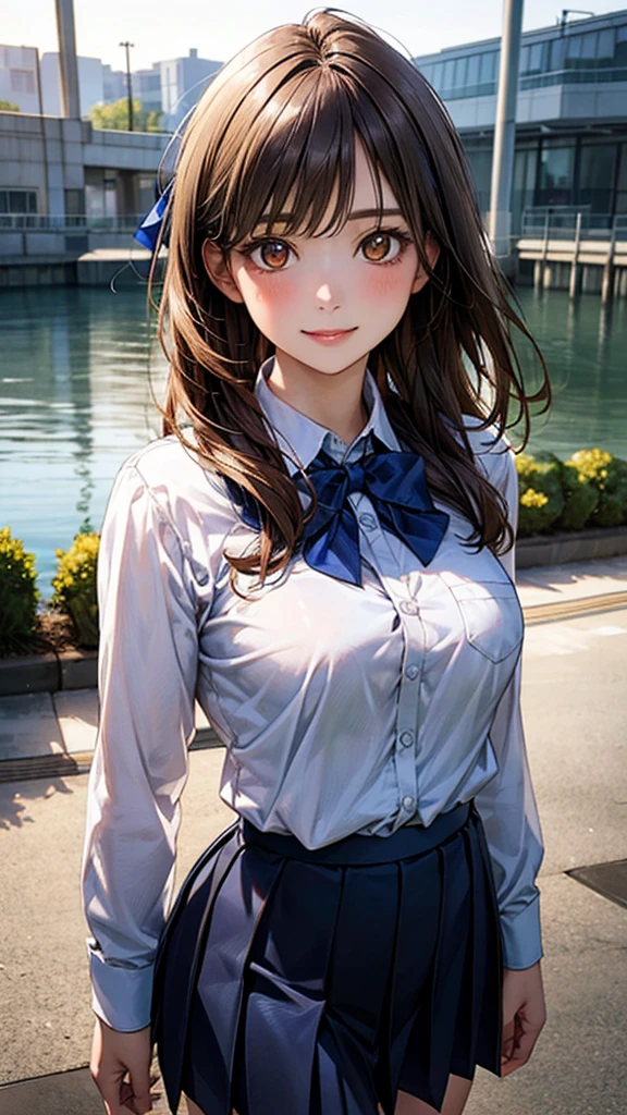 (masterpiece:1.2, Highest quality), (Realistic, photoRealistic:1.4), Beautiful illustrations, (Natural Side Lighting, Cinema Lighting), 
View your viewers, Cowboy Shot, Front view, 1 person, Japanese, high school girl, Perfect Face, Cute and symmetrical face, Glowing Skin, 
(Mid-length hair:1.2, Both sides up:1.2, Light brown hair), Golden Eyes, (Large Breasts:0.6, Captivating thighs), 
Beautiful Hair, Beautiful Face, Beautiful attention to detail, Beautiful clavicle, Beautiful body, Beautiful breasts, Beautiful thighs, 
((White collared shirt with long sleeves, Navy Pleated Skirt, Blue bow tie)), Hair Ribbon, 
(Beautiful views), evening, River side, walk, (Cute smile, Upward glance), 