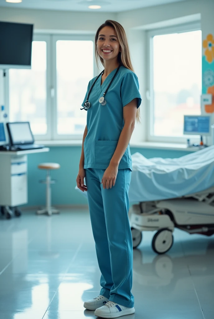 Nurse in modern clinical uniform from side