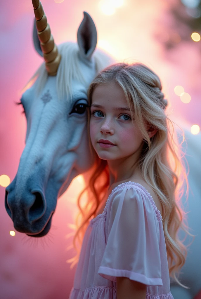 Portrait of a girl with a unicorn. Girl standing next to unicorn, girl is not smiling she has calm face. The girl's face is full-face looking at us. The girl has long blond wavy lush hair. The background is fabulous pink and blue tones. Flares. The mood is festive.