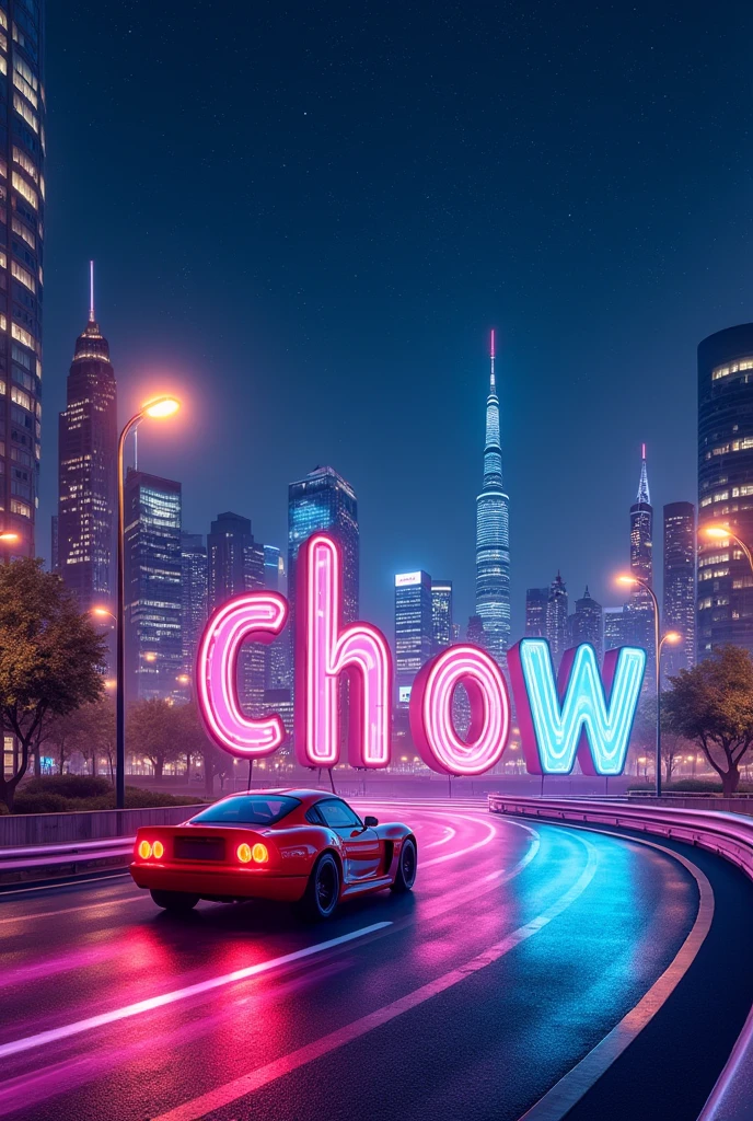 letters that say "chow" Inspired by the movie Cars, May it be a starry night in the city where Mate lives, that the road is noticeable as if it were taken from a movie. That between everything that is between quotation marks