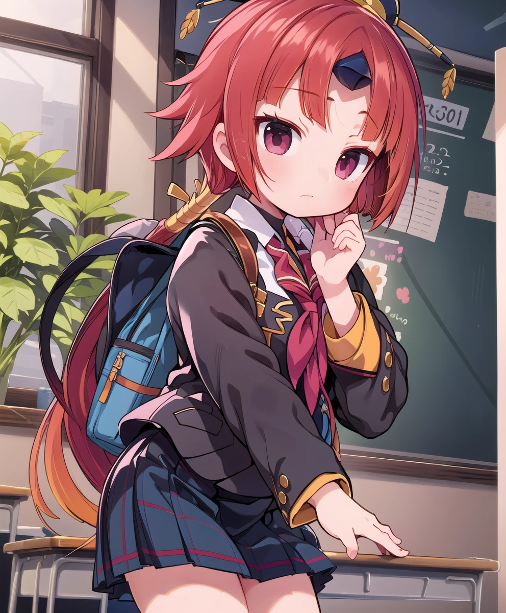 (masterpiece,best quality:1.2),photography, official art,(((school uniforms:1.3))),((school uniform:1.2)),Detailed hands,Perfect composition,1girl,be_enma,short hair,red hir, parted bangs,Embarrassed