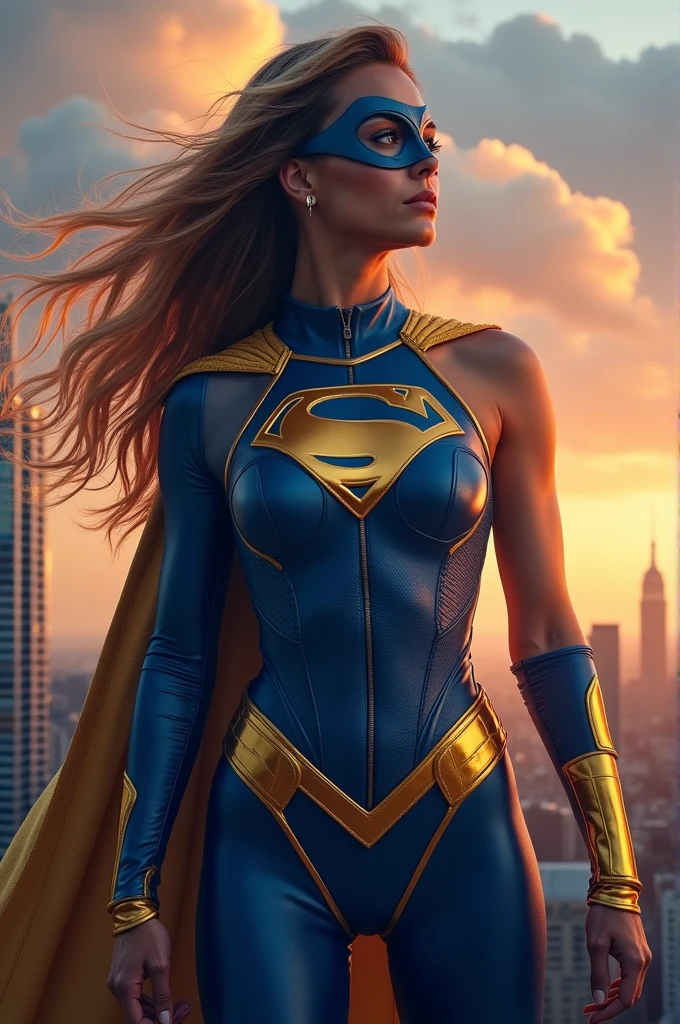 Generates the image of a Superheroine with an athletic body, with an imposing and confident pose. Wear a form-fitting superhero suit and mask