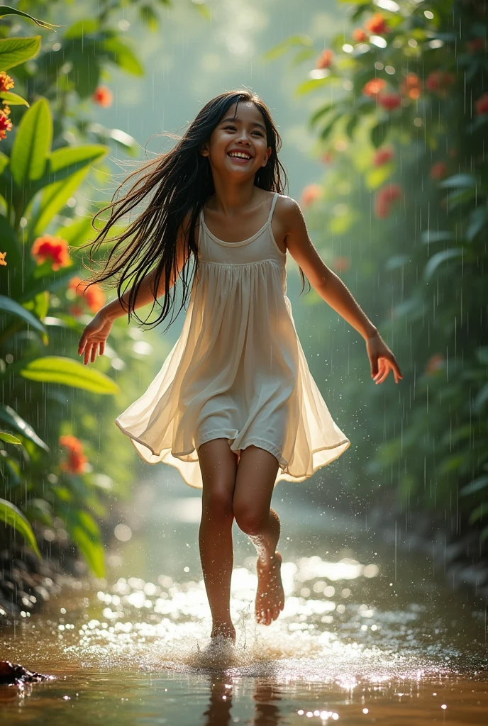 (photorealism:1.2), Beautiful Filipina girl, playing in the water in the rain, wearing a loose thin white dress, happy expression, jumping, HD, natural