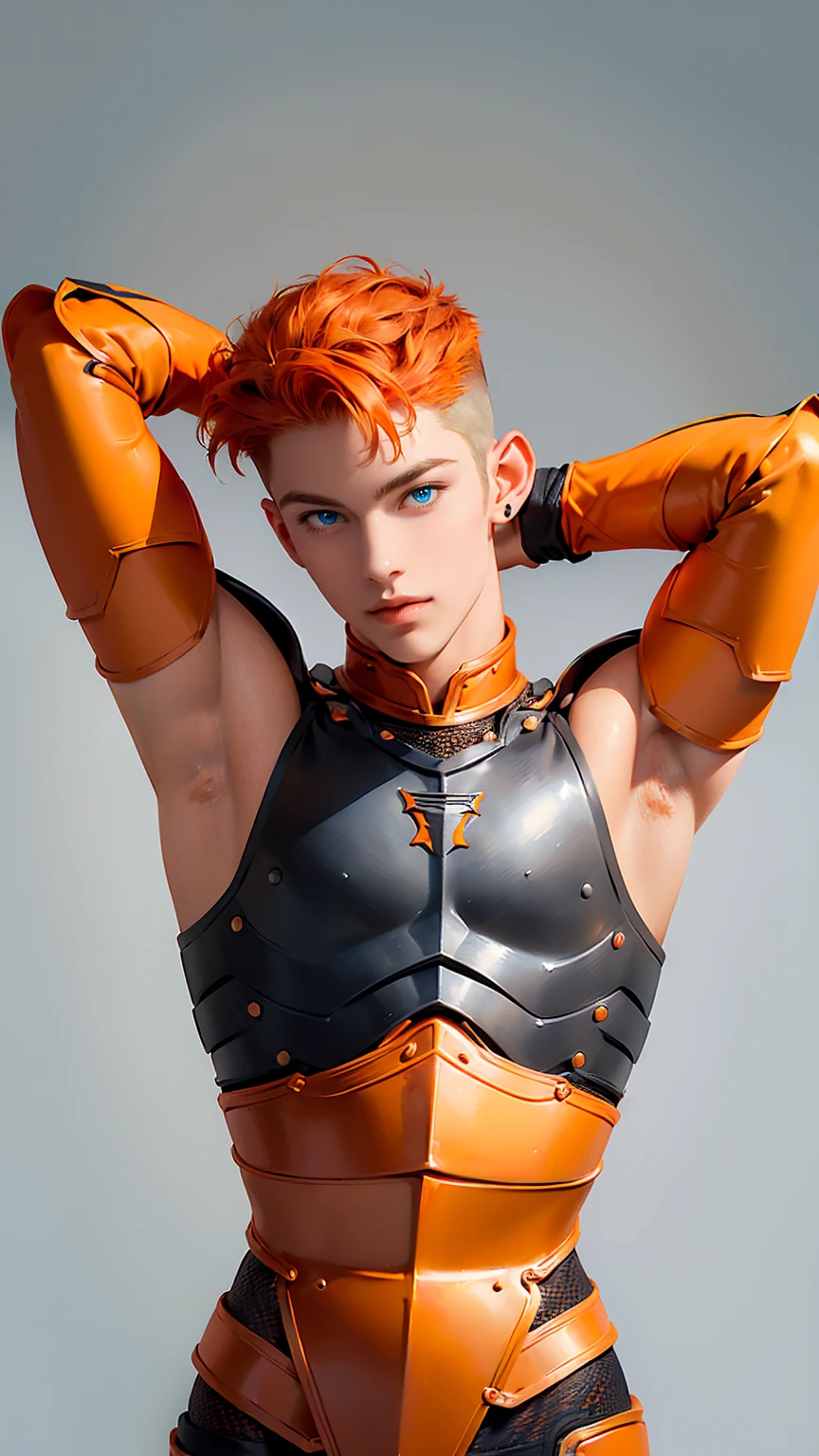 1man, (undercut hair:1.2), (sideways:1.2), (twink:1.2), (gray background:1.2), (orange hair:1.2), (blushing:1.2), (orange armor with black details:1.2), (side angle:1.2), (gorgeous:1.2), (16K:1.2), (looks up:1.2), (face sideways:1.2), (arms down:1.2), (face sideways:1.2), (arms down:1.2), (pose model:1.2), ((standing:1.2)), (toon model:1.2), (sideways:1.2)
