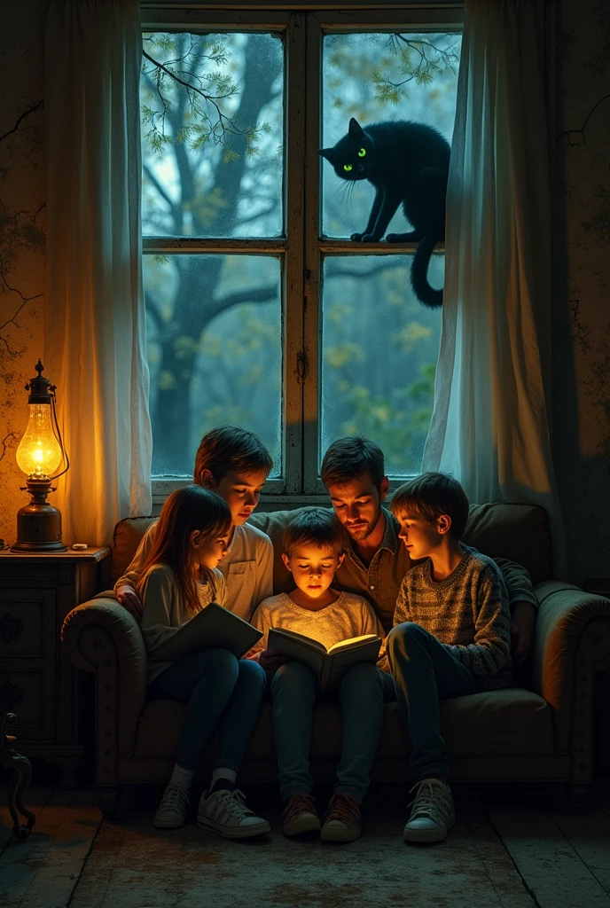 the family inside the house and the sight of a black cat in the scary house 