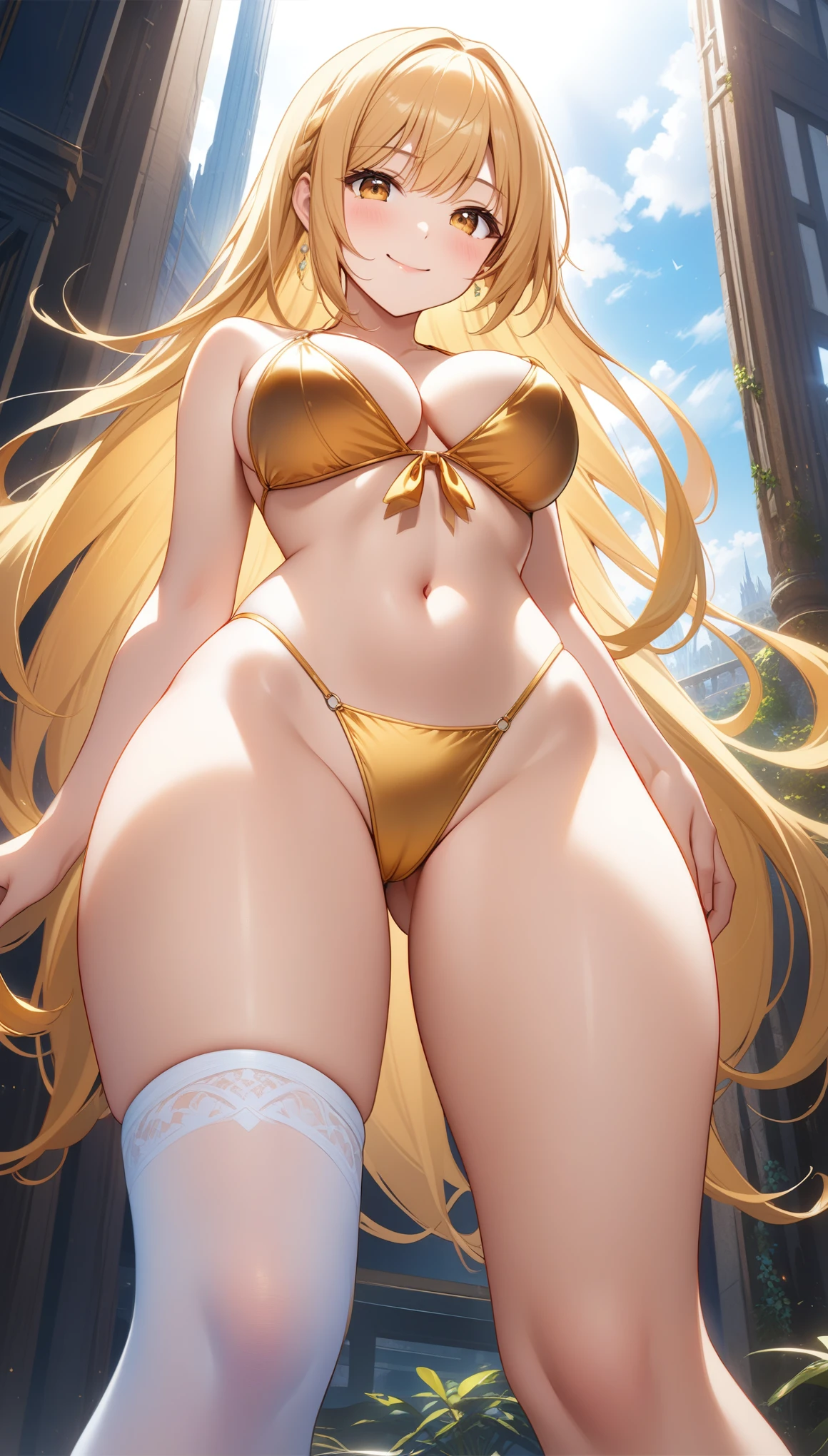 nsfw, (1girl), (ideal ratio body proportions), very long hair, (), (curvy), looking at viewer, blush, smile, bangs, thighhighs, bow, holding, cleavagry, (((golden bikini))), ((medium breasts)), closh, ((standing)), (golden hair), bikini, ((cowboy shot)), ((((from below)))), (((open your legs wide))), ((32k)), ((best quality)), ((ultra high res)), ((HDR)), ((UHD)), ((extremely detailed CG)), ((unity 32k wallpaper)),