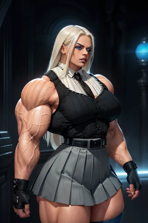 ((Close-up)), tall, (White hair) beautiful muscular woman, long straight hair, brown skinned, closed smile, (black lipstick), (massive muscles), (hyper muscle), ((ginormous bulky muscles)), ((glowing blue eyes)), (((sleeveless white pleated shirt))), (((black long pleated skirt with belt))), (fingerless gloves), necktie, thigh highs, in a dark rooftop,