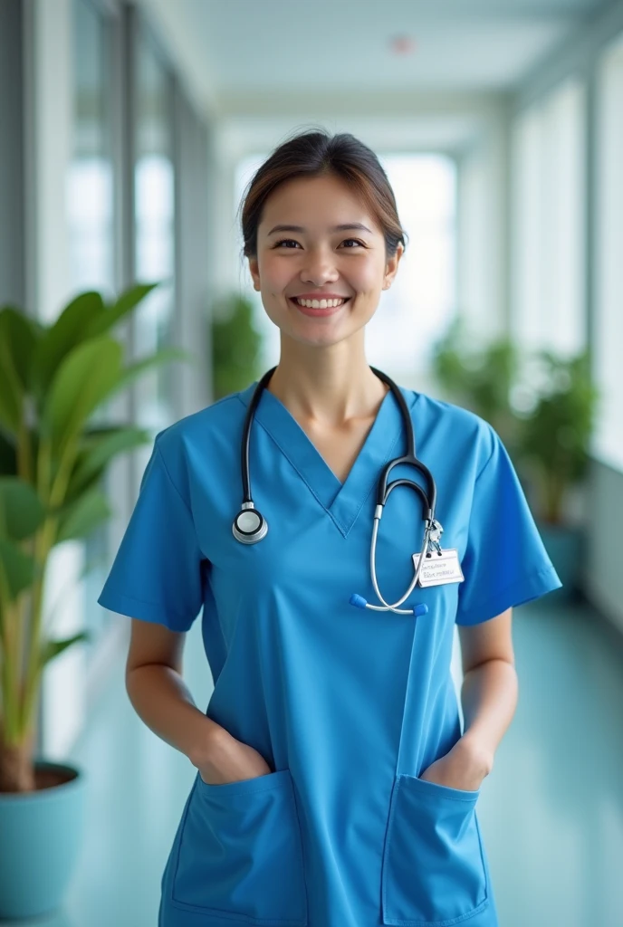 Nurse in modern blue clinical uniform from side