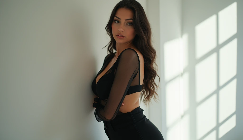 a beautiful woman with a black transparent top and black pants posing for a photo, detailed and beautiful face, sexy woman, Argentine woman, She has pale skin, she is in a white room,clear portrait of a medio rosa, angelablanca, She is doing very sexy poses, vulptuous body,portrait of medio rosa, portrait medio rosa, smile, in a room, very romantic atmosphere, Anna Nikonova also known as Newmilky, medio rosa, sexy girl, anastasia ovchinnikova, Victoria Gavrilenko, ana de armas, playboy, looking at camera, seductive look, age 28 years,alina ivánchenko, open shirt, dasha taran, best quality, 4k, 8k, highres, masterpiece:1.2, ultra-detailed, realistic, photorealistic, photo-realistic:1.37, HDR, UHD, studio lighting, ultra-fine painting, sharp focus, physically-based rendering, extreme detail description, professional, vivid colors, bokeh, portraits, photography
