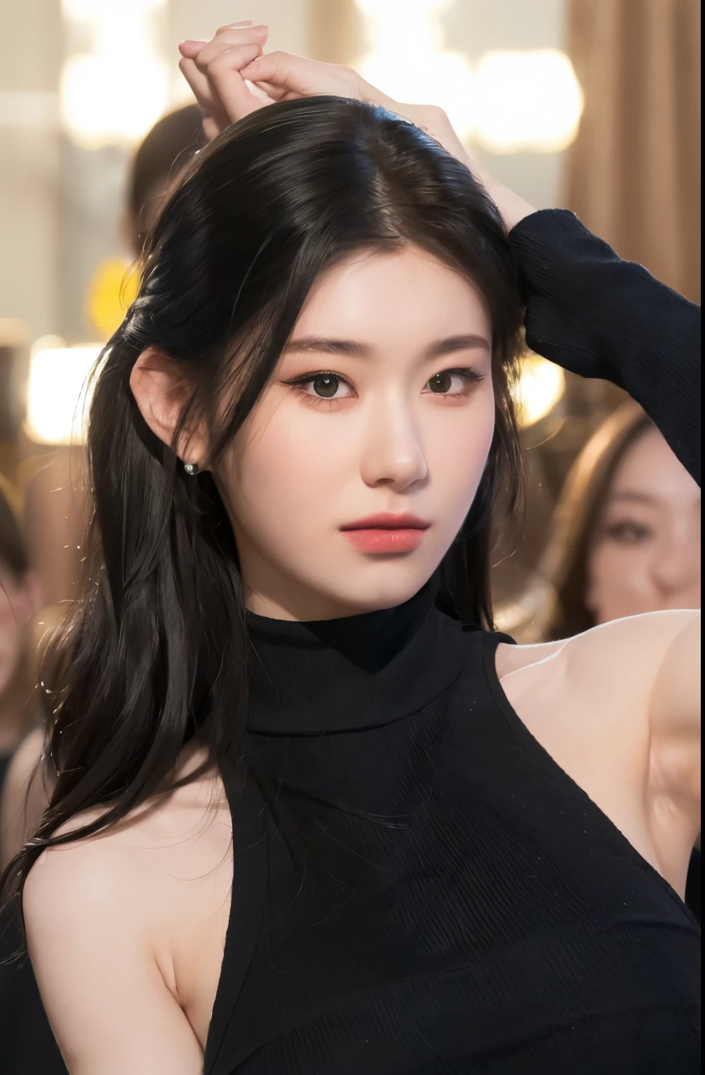 1 girl, (Super real), (illustration), (High resolution), (8k), (Very detailed), (Best illustration), (Beautiful and delicate eyes), (best quality), (Super detailed), (masterpiece), Show armpits, curved, Big breasts, Gorgeous, perfect, Black sleeveless turtleneck sweater, raise arms