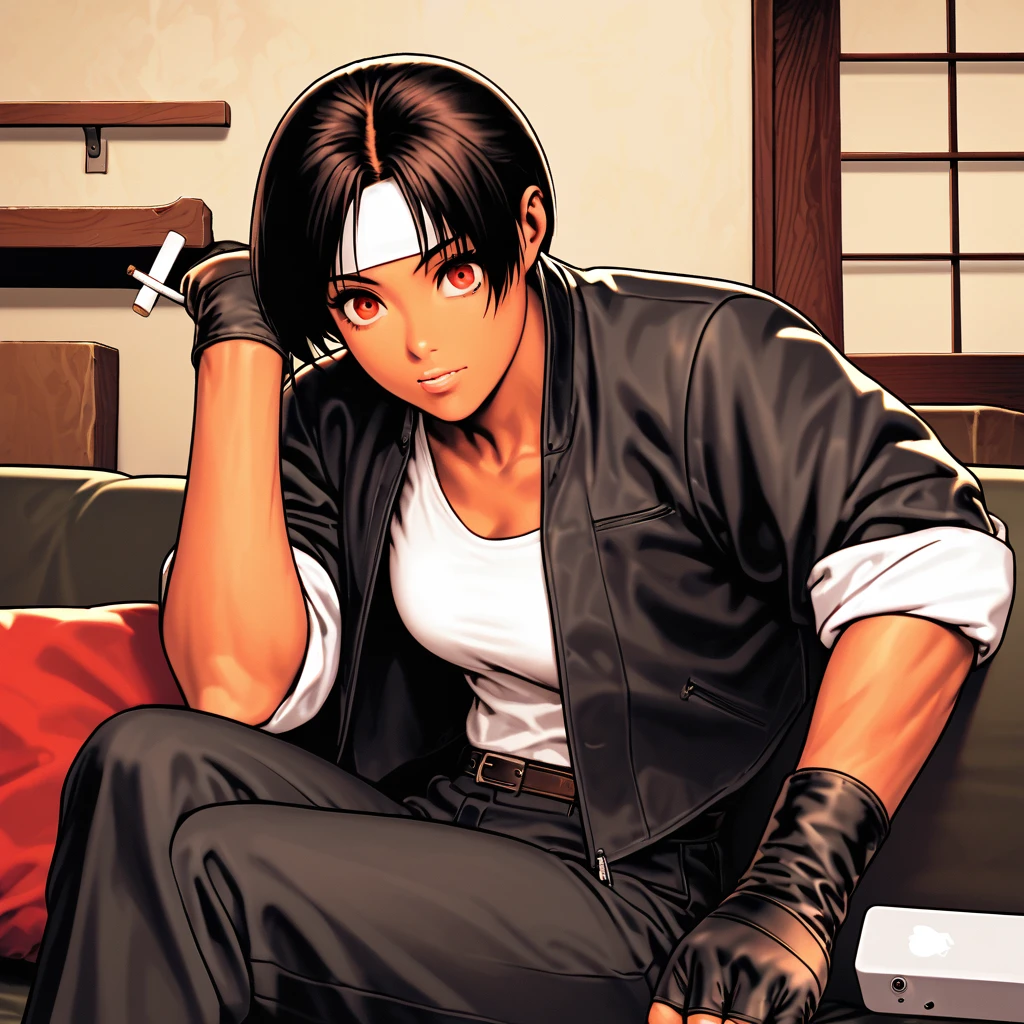 single, woman, Shortcuts, Black Hair, Dark Skin, Red eyes, ((Black jacket with rolled up sleeves)), Fingerless gloves, White T-shirt, (White headband on forehead), Black trousers, White shoes, Tea belt, cute, Indoor-oriented, Charm, Highest quality, neat face, neat eyes, She is sitting on a black sofa and smoking a cigarette, Looking at smartphone, Lying down, Beautiful Japan, She is surprised to see the front of the room. Her eyes are wide open, Her gaze is slightly downwards, Her mouth is half open,