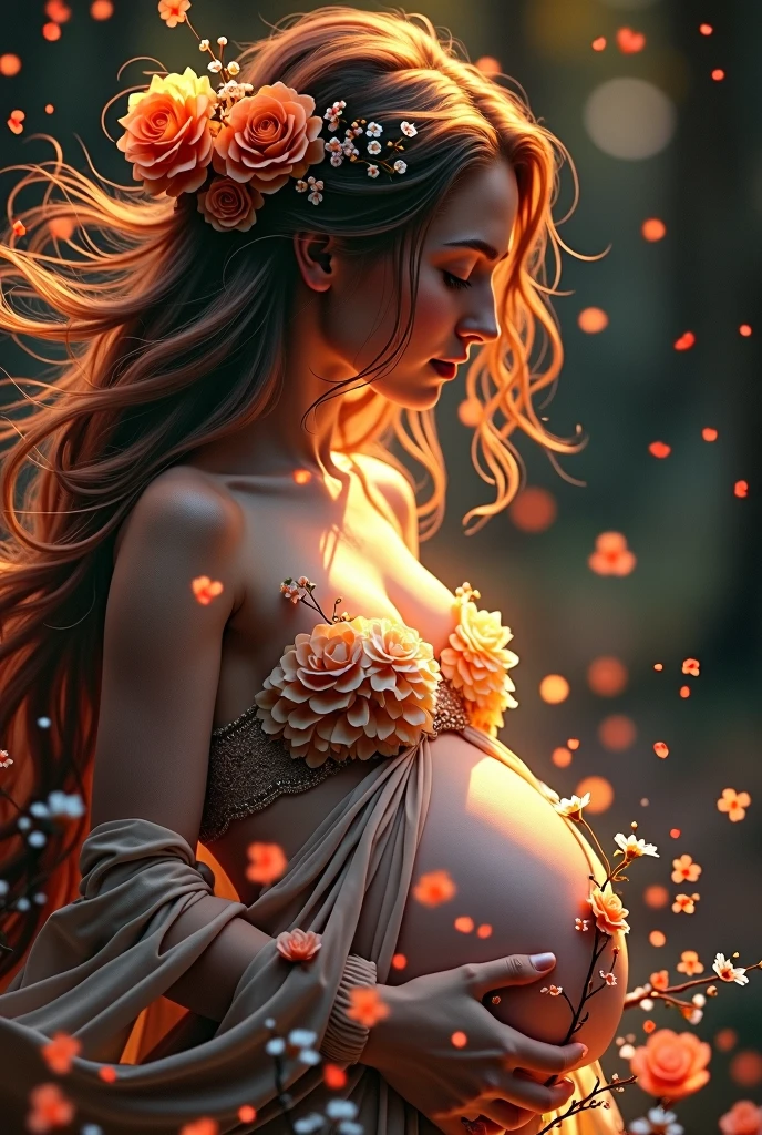 A beautiful and ethereal woman, her long hair adorned with flowers, her pregnancy glowing with life. A caring midwife attends to her, as the dark background is accented with vibrant blooms. Hyper-realistic full-color illustration, (best quality,4k,8k,highres,masterpiece:1.2),ultra-detailed,(realistic,photorealistic,photo-realistic:1.37),beautiful woman, pregnant woman, flowers in hair, long hair, midwife, dark background, floral accents, hyper-realistic, full color, vibrant colors, detailed portrait, intricate details