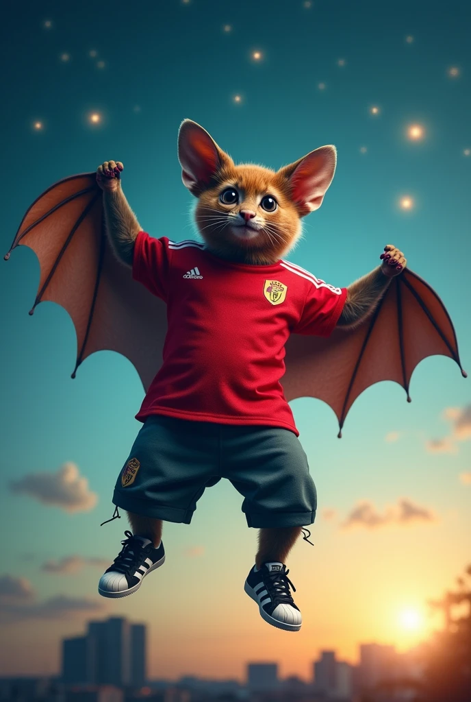 Bat wearing a Cristiano Ronaldo shirt, baggy trousers and black Adidas Superstar shoes 