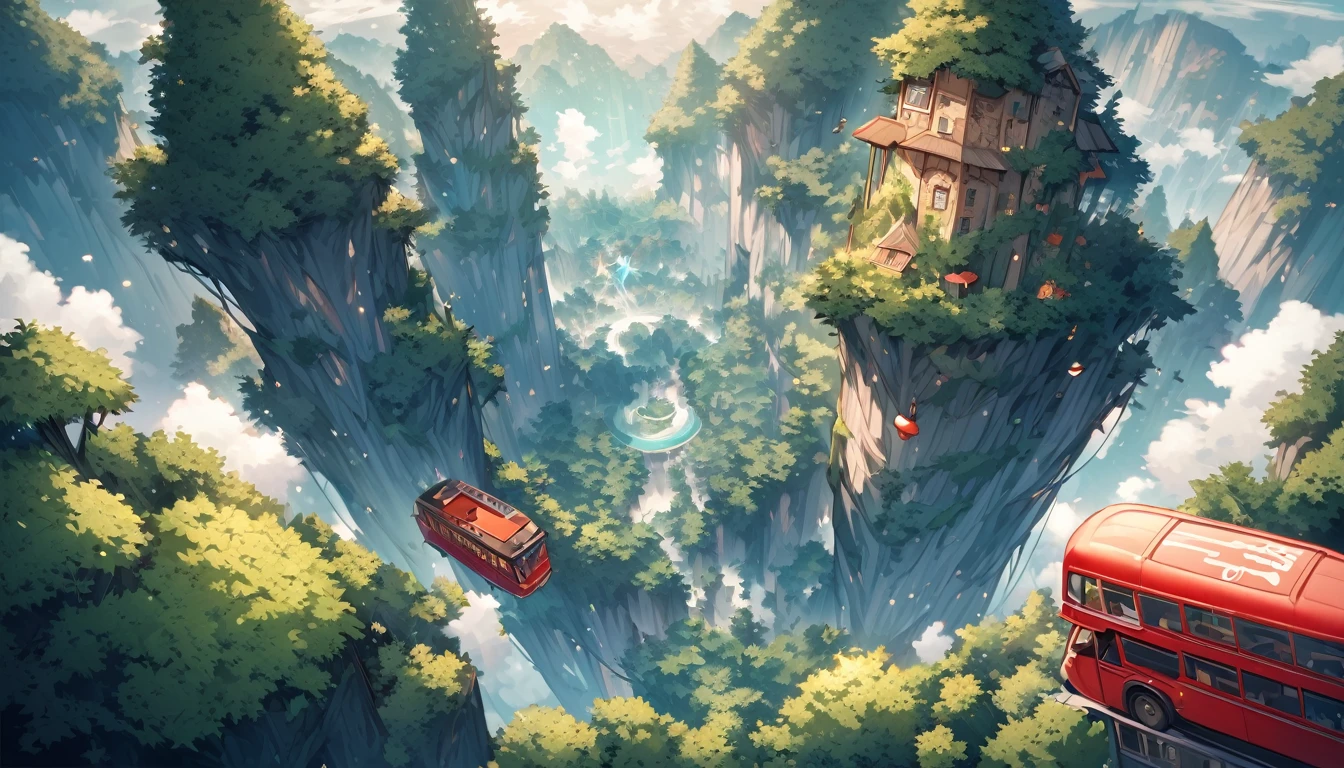 fantasy word, red bus flying in the sky, the beautiful forest below, beautful backround, top view, flying very high in the sky