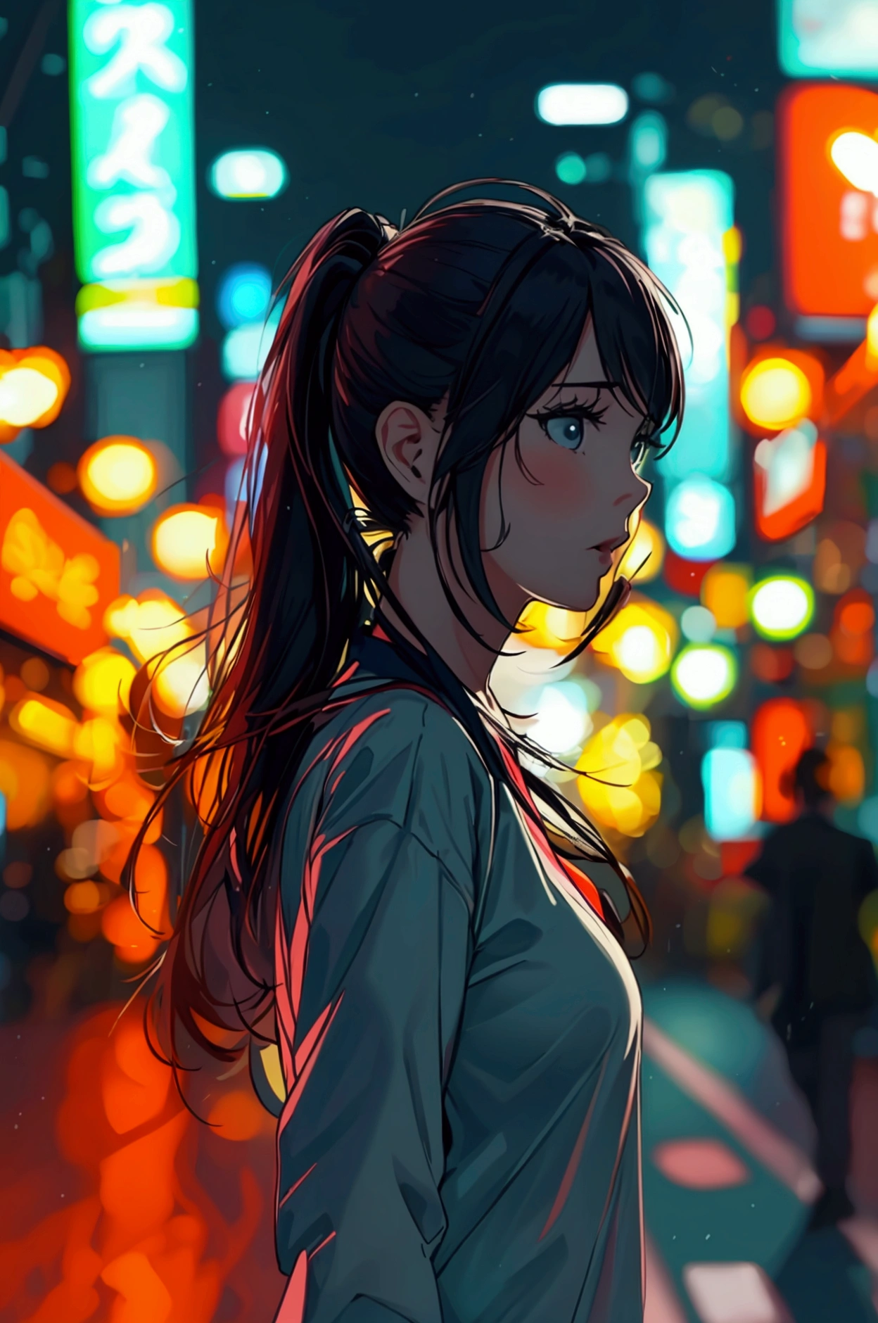 (best quality), (master quality), woman, mid twenties, long hair, ponytail, walking in the street at night, Tokyo, (( Big Breasts)), detailed outfit