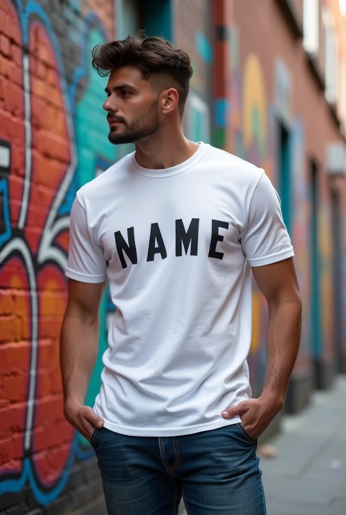 You can create an image of a t-shirt with the following phrase written on the left chest " NAME " written in a small font 
