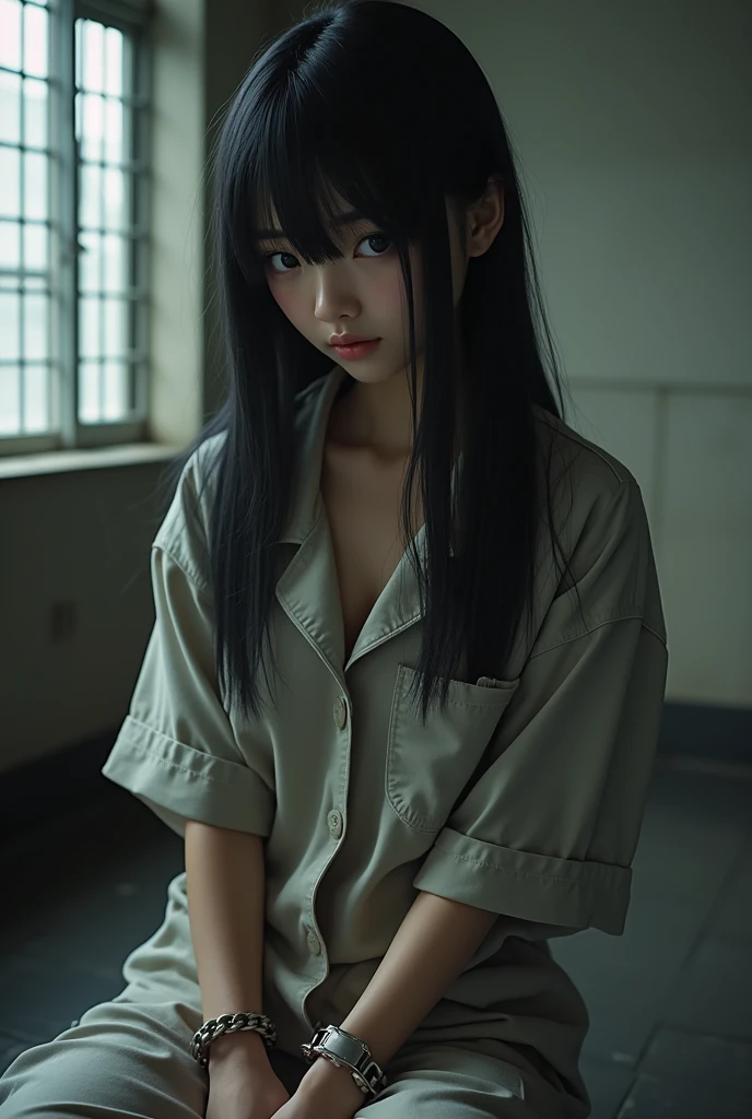 

"Young people, Cute high school student with long hair, Straight black hair, Wearing prison clothes, photograph、prisonの番号が書かれたセーラー服を着た美しい高校生の少女が登場するシーン，彼女は金属格子で囲まれた薄暗いSolitary confinementの中にいる， The girl has a sad look,設定は小さなベッドのある典型的なprisonのSolitary confinementです, Iron-barred windows, Worn floor. The overall atmosphere is heavy、Thoughtful, The soft lighting accentuates her emotions.，photograph，prison，Japanese high school girl as a female prisoner， Round sexy ass，Big natural wet breasts, prisonの設定, Solitary confinement,Handcuffs on both hands，Restrained by chains，Jail，Connecting both handcuffs with a chain，Chain on the waist，Crotch rope，Take off your bra，Expose the chest，Go shirtless，prisonの身体検査，