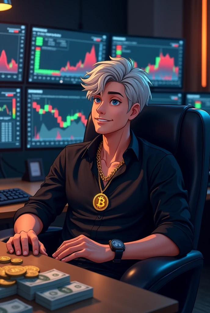 A 20 years white anime boy with happy sitting on a Comfortable chair comfortably with bitcoin chain gold chain, black shirt and looks in front with well furnished dark room, computer left,behind, and right side with the view of trading chart and many doller and coins on the table.