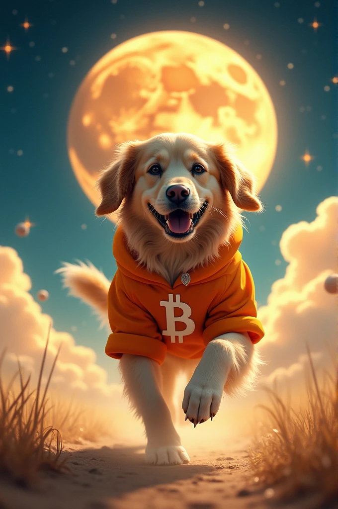 Create a dog wearing an orange shirt with the bitcoin symbol going to the moon.