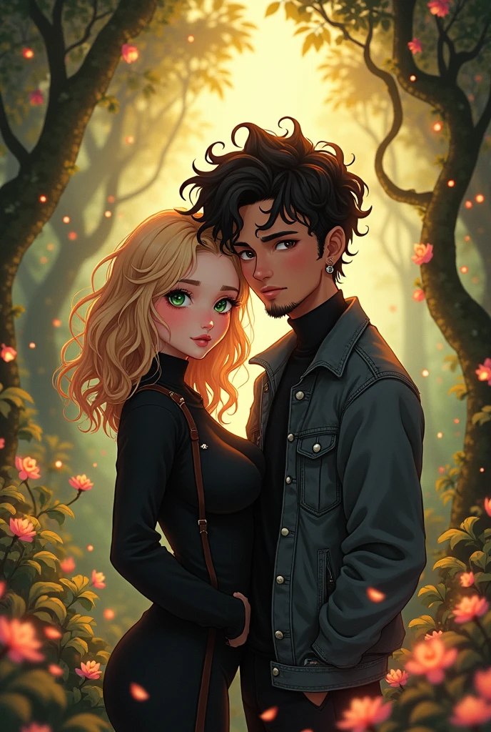(best qualityer), absurdres, fantasy anime illustration, couple, 1 male 1 female, young man 24 years old, young woman 22 years old, light skinned woman, she has medium blonde hair, She has medium length hair with small waves, She has big green eyes, Curvy Body, no tattoos, tanned skin man, man with black curly hair, he has a shaved haircut on the sides and bangs above his eyes, He has brown eyes, he has a short beard on the tip of his chin, He has a piercing on the left side of his mouth and on his left eyebrow, with tattoos on the forearm, gazing at viewer, Warm and romantic, she wears all black clothes, he wears a black turtleneck shirt with a charcoal gray denim jacket and black pants, fantasy florest