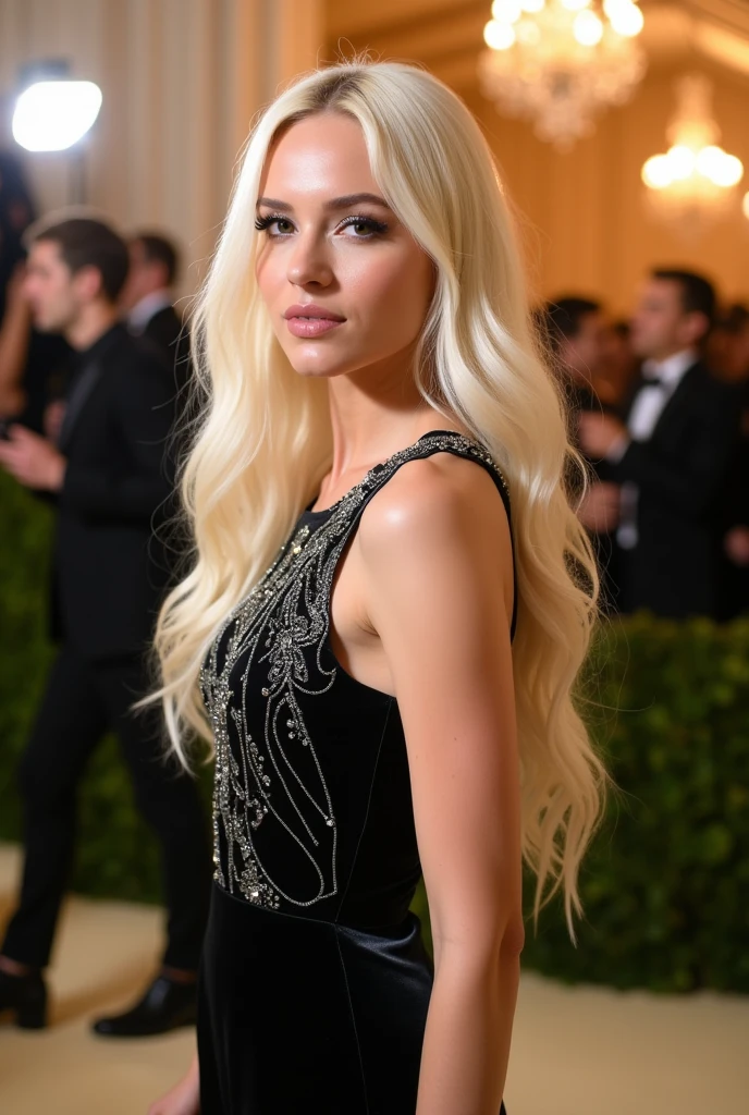 generate photo of a beautiful woman with aesthetic appearance (pale skin, long wavy platinum blonde yellowish hair). wearing a complex black dress modern sexy rounded style with silver embellishment (made by designer Vera Wang), posing in (Scenario: met gala), (angle: medium shot)