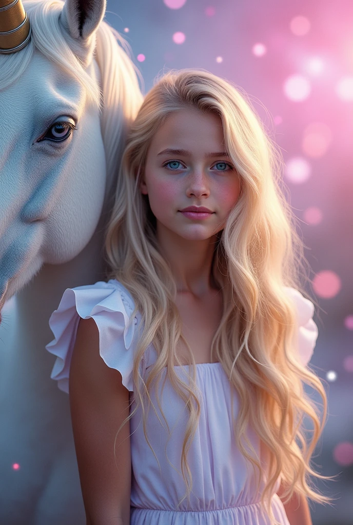 Portrait of a girl with a unicorn. Girl standing next to unicorn, girl is not smiling she has calm face. The girl's face is full-face looking at us.  The girl has long blond wavy lush hair. The background is fabulous pink and blue tones. Flares. The mood is festive.