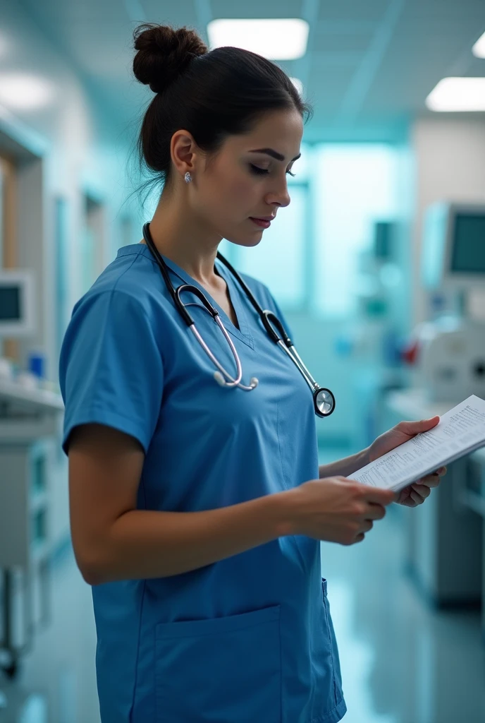 Nurse in modern blue clinical uniform sideways with dark hair